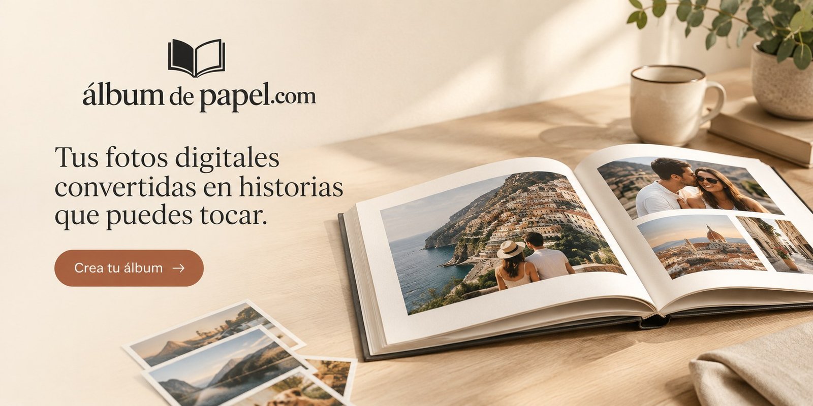 Álbum de papel abierto sobre un escritorio con fotos de viajes, junto al logo de álbum de papel.com y el botón crea tu álbum.